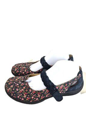 Hotter Shake Navy Leather Comfort Mary Jane Ballet Floral Shoes Women 7.5